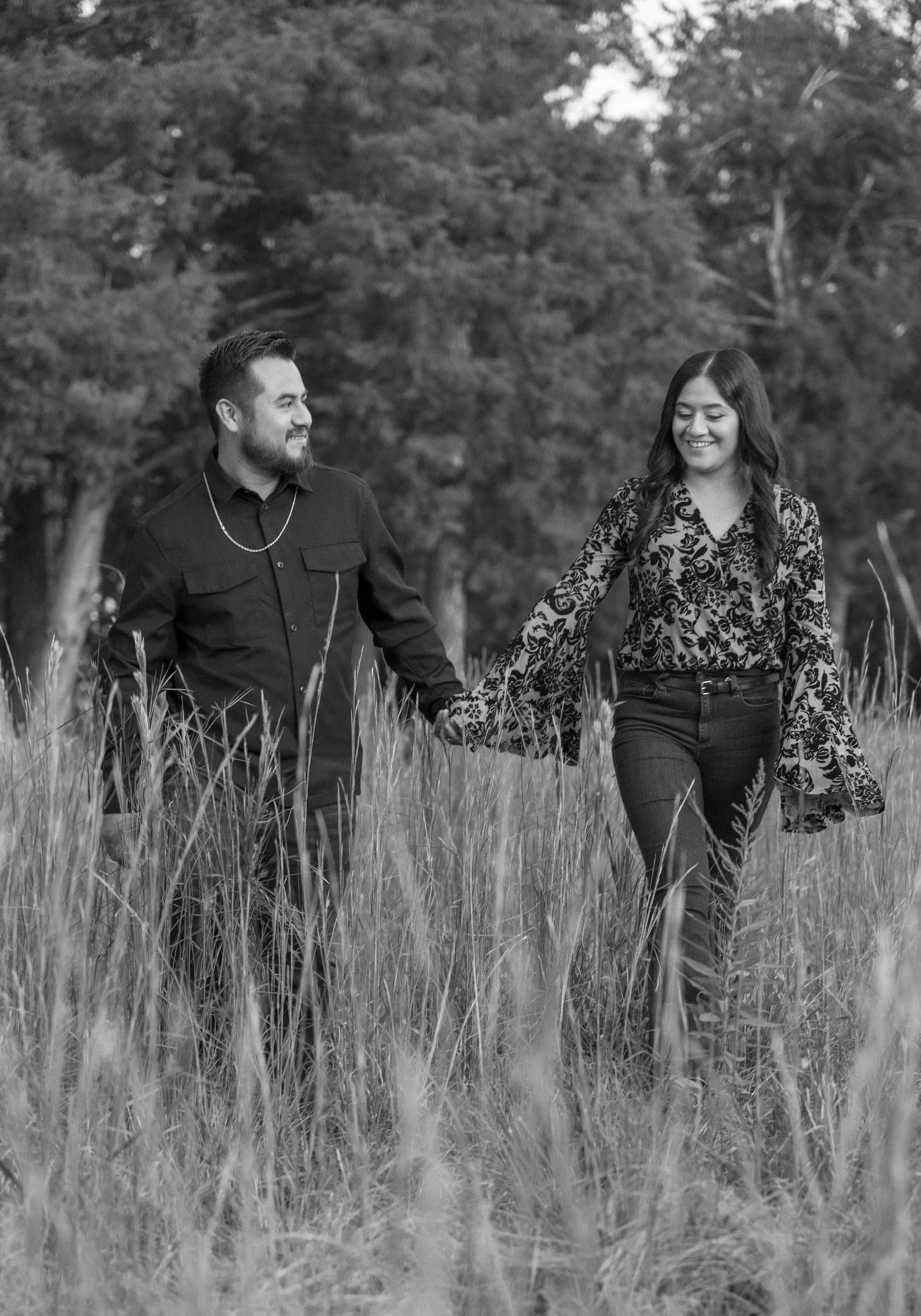 Candid engagement portrait with warm afternoon light